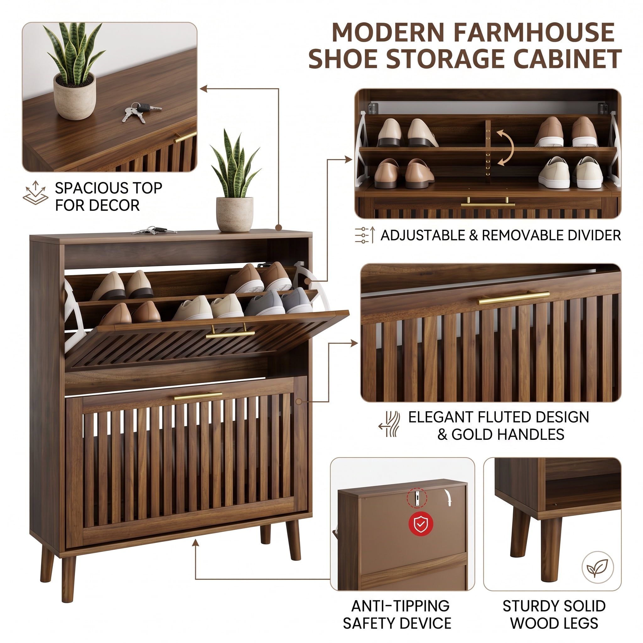 31.5in Shoe Storage Cabinet, Medieval Modern Independent Shoe Cabinet, Fence Shoe Cabinet With 2 Flip Drawers, Suitable For Corridors And Entrances