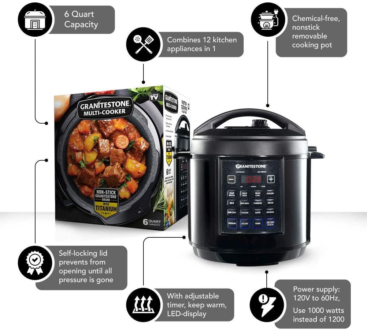 GraniteStone Diamond 12-in-1 Multicooker with LED Display, Electric Pressure Cooker, Slow Cooker, Rice Cooker, Steamer, Saute, Yogurt Maker and Warmer, 6 Quart, 12 Pre-Set Functions