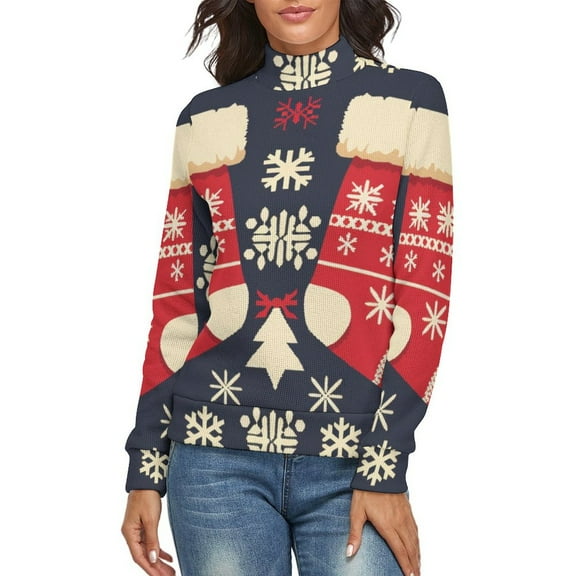 Snow Gift Sock Christmas Pattern Women's Turtleneck Sweater Long Sleeve Ribbed Fitted Turtle Neck Casual Fall Winter Collection Top S