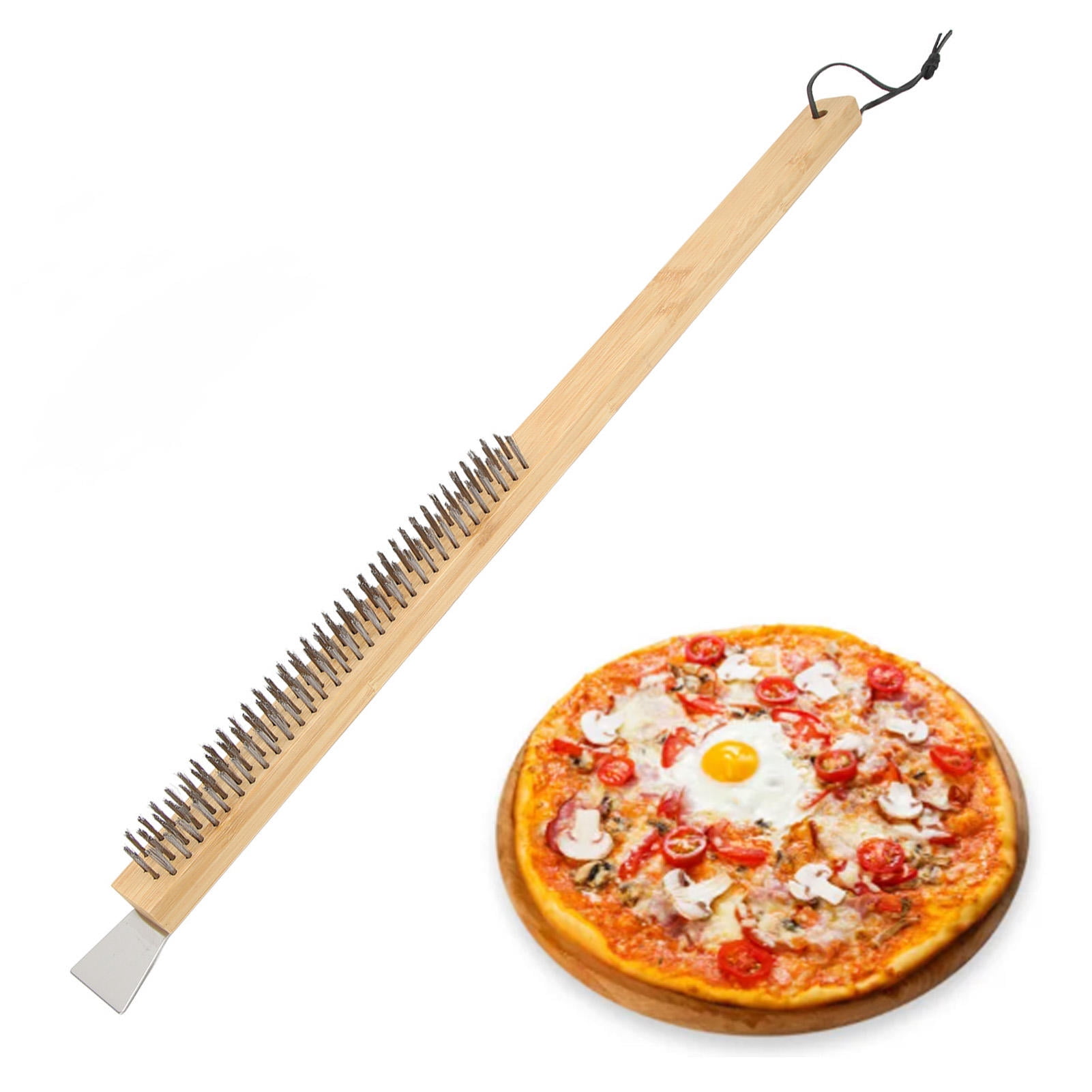 YAHHU Bamboo‑Handled Pizza Oven Brush & Scraper – 57.5 cm Long, Heat‑Resistant Wire Bristles for Pizza Stone & BBQ Grill Cleaning