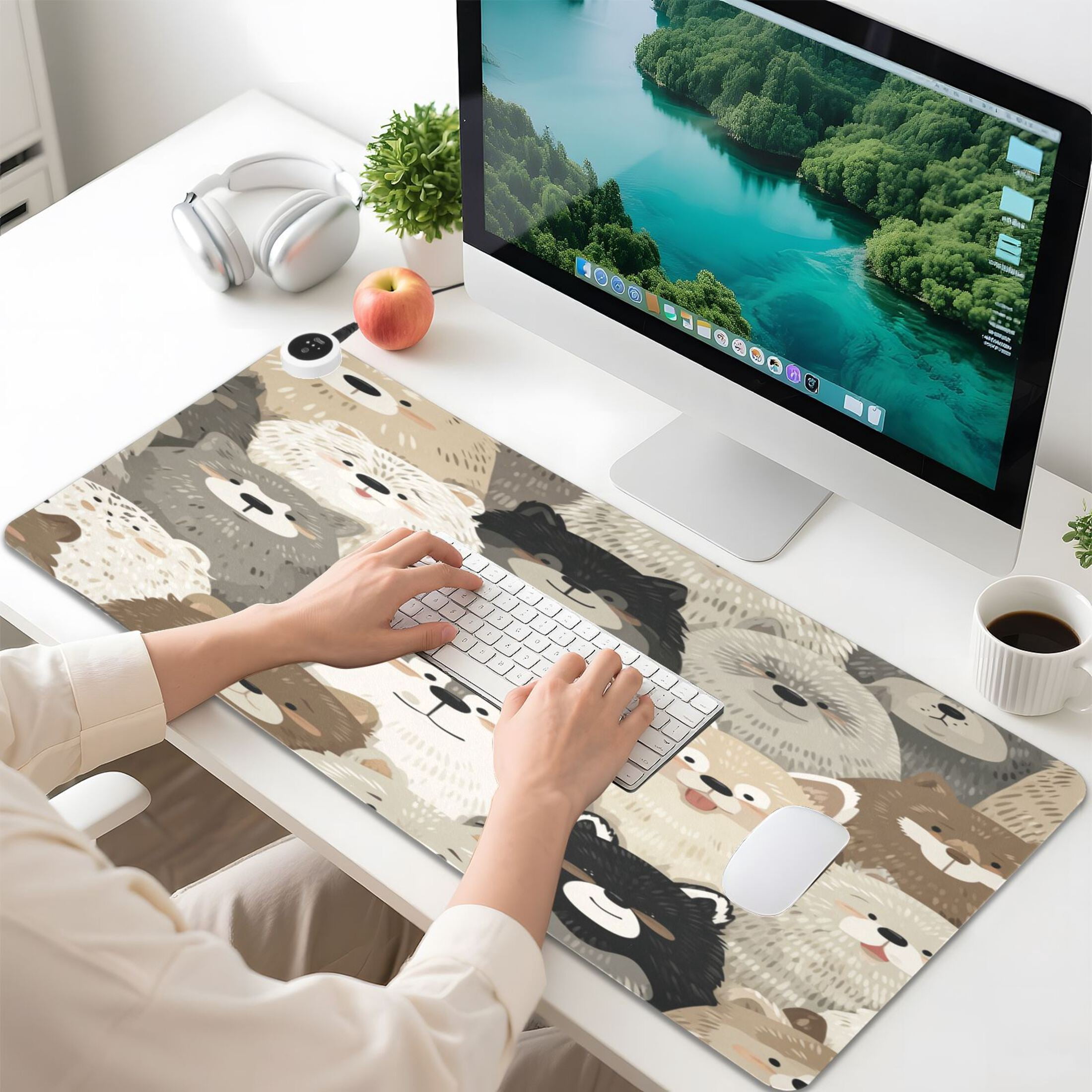 Large Heated Desk Mat Mouse Pad 31.5"x13"PU Leather Graphene Heating Desk Warmer with 3 Temperature Settings 110V US Plug Non-Slip Warm Pad for Home, Office, and Gaming Cute Fluffy Fur Family
