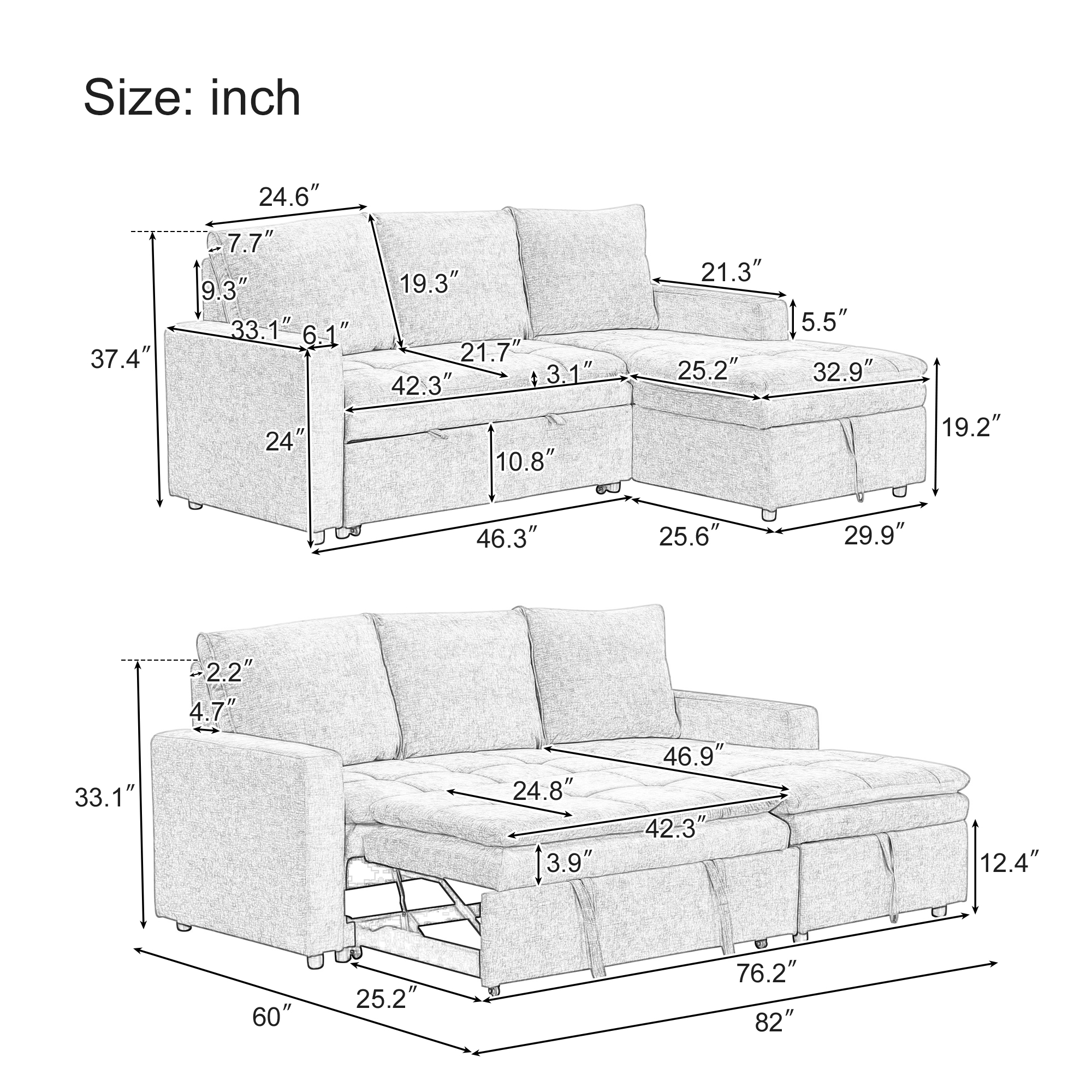 MAYEERTY Soft Upholstered Sectional Sofa Bed - Storage Included, Ideal for Living Rooms/Apartments,Blue