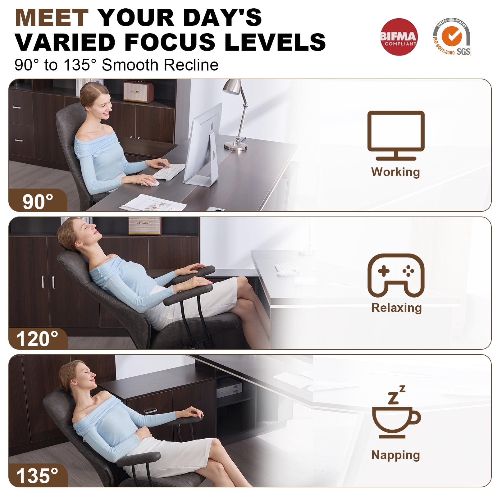 E-Motie Home Office Desk Chair, Ergonomic High Back Leather Computer Chair with Lumbar Support, Adjustable Height & Recline, Swivel Executive Office Chair with Armrests and Rubber Casters, Dark Gray