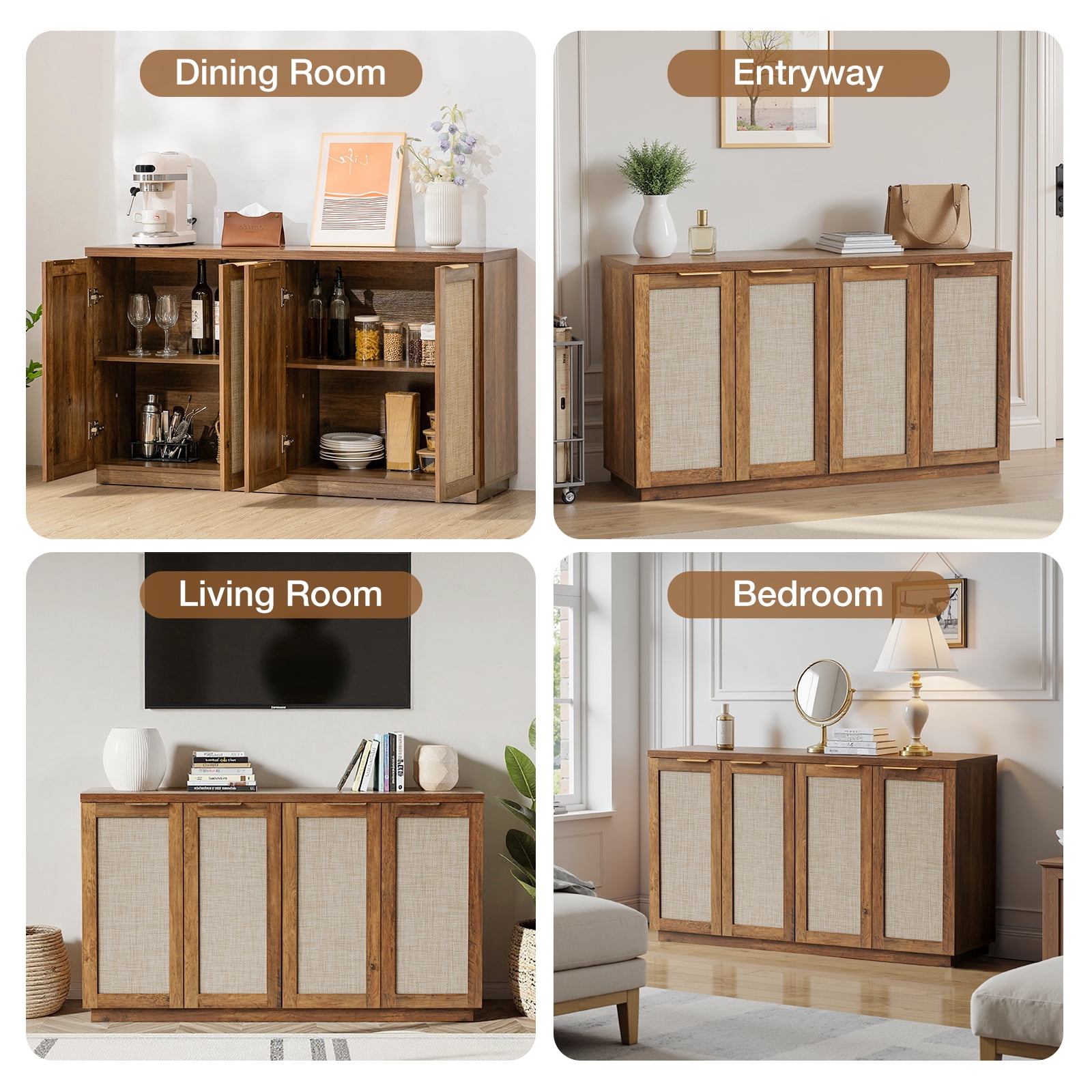 Hommpa Storage Sideboard Rattan Sideboard Buffet Cabinet with Adjustable Shelves 4-Doors Kitchen Storage Cabinet for Dining Room, Living Room,Bedroom, Hallway, Brown