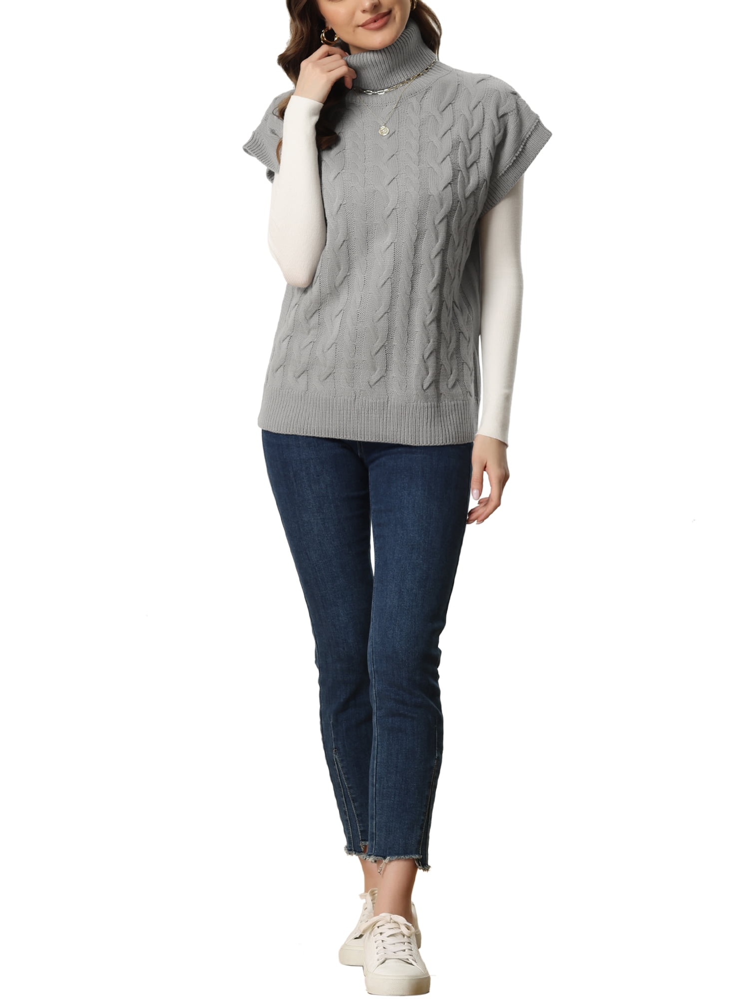 Unique Bargains Women's Solid Turtleneck Sleeveless Pullover Cable Knit Sweater M Grey