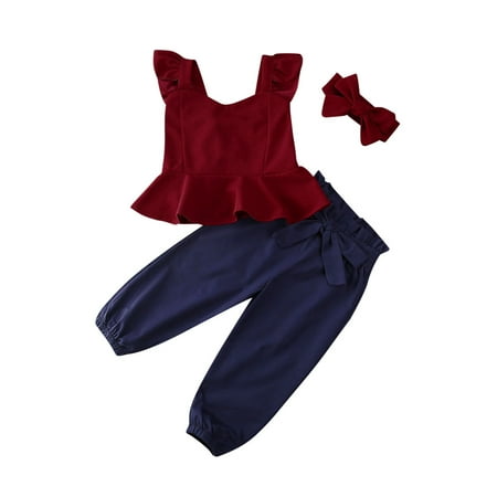 

Awoscut Kids Baby Girl Summer Outfits Ruffle Strap Crop Top Long Pants Headband