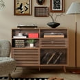 thumbnail image 6 of Record Player Stand, Mid-Century Turntable Stand with Charging Station, Vinyl Record Storage Cabinet for Living Room, Walnut, 6 of 9