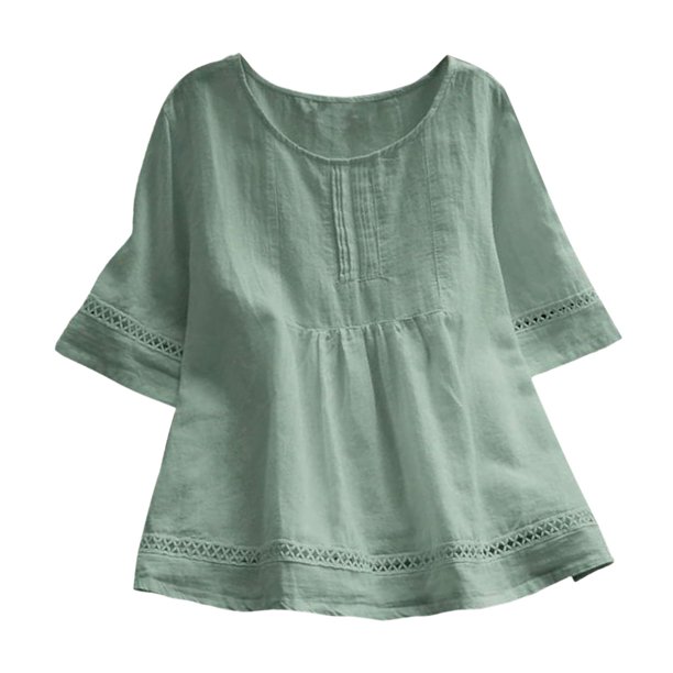 Top de mujer con cuello redondo y manga media - Camiseta lisa con costuras huecas - Tejido suave y elástico, informal/playa/fiesta, lavar a mano en frío