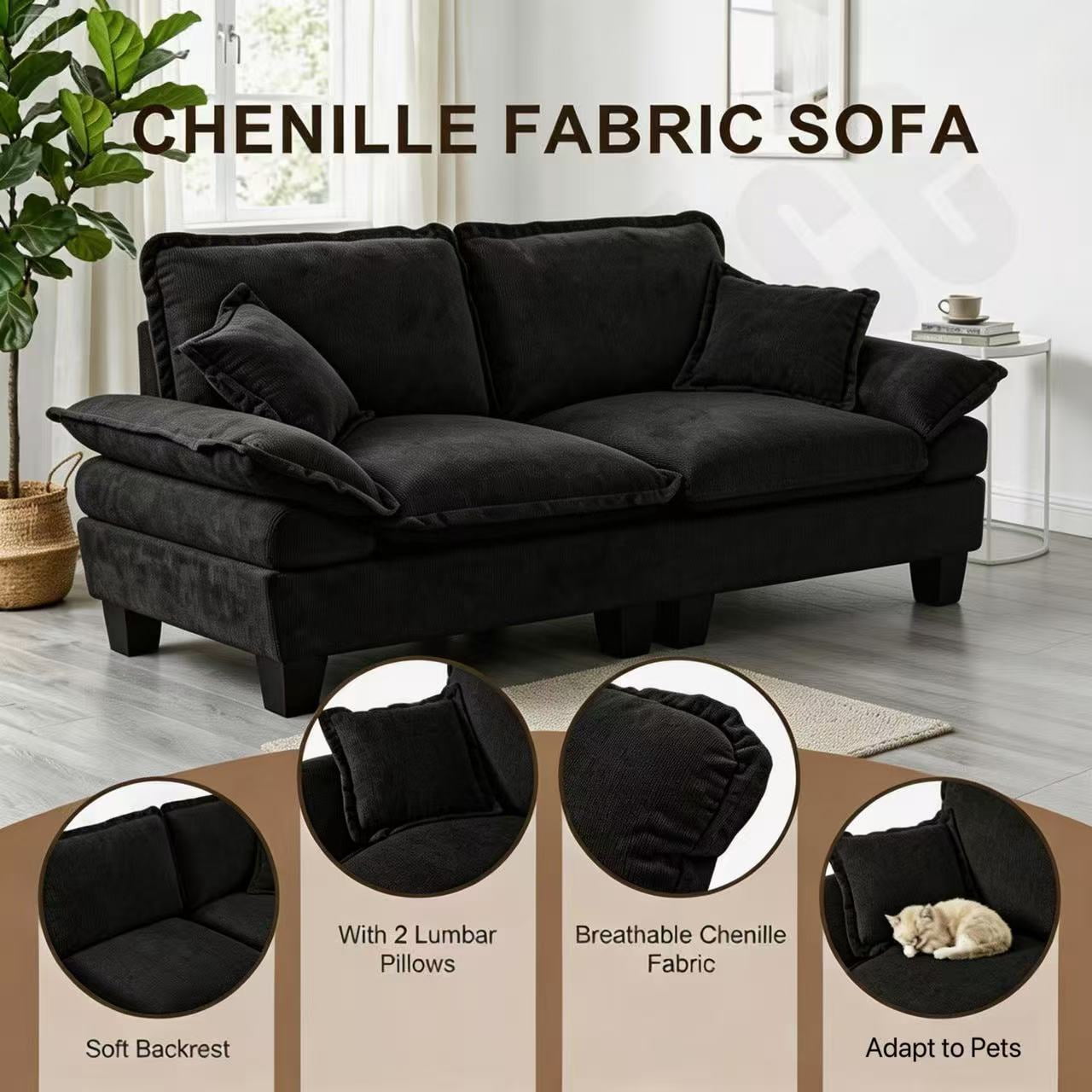 AISWORD 2 Seater Loveseat Sofa, Comfy Small Couch, Modular Sectional Love Seat with Pillows for Bedroom, Apartment, Office, Small Spaces, Black