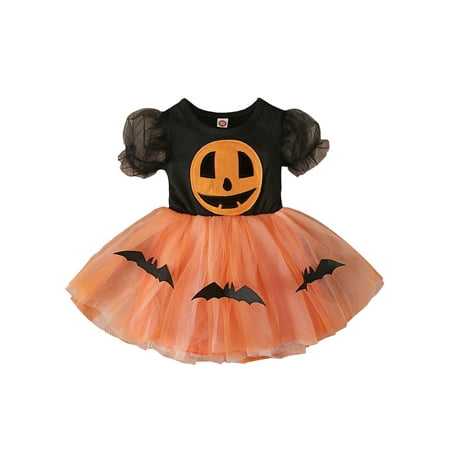 

Gwiyeopda Halloween Little Girls Dress Sweet Style Color Matching Pumpkin Bat Mesh Puff Short Sleeve Round Collar Princess Skirt