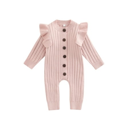 

Pudcoco Baby Knitted Long Sleeve Jumpsuit Solid Color Round Neck Button Long Romper