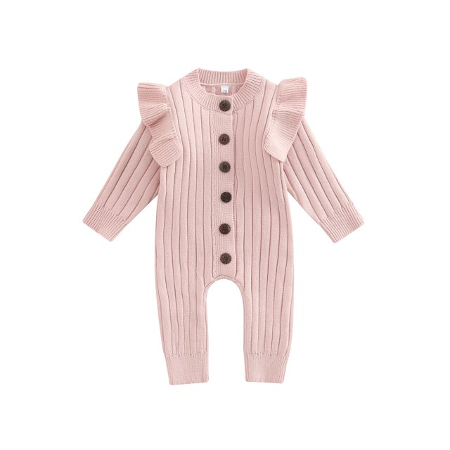 Sunloudy Newborn Girls Knitted Long Sleeve Jumpsuit, Fashion Solid Color Round Neck Button Long Romper