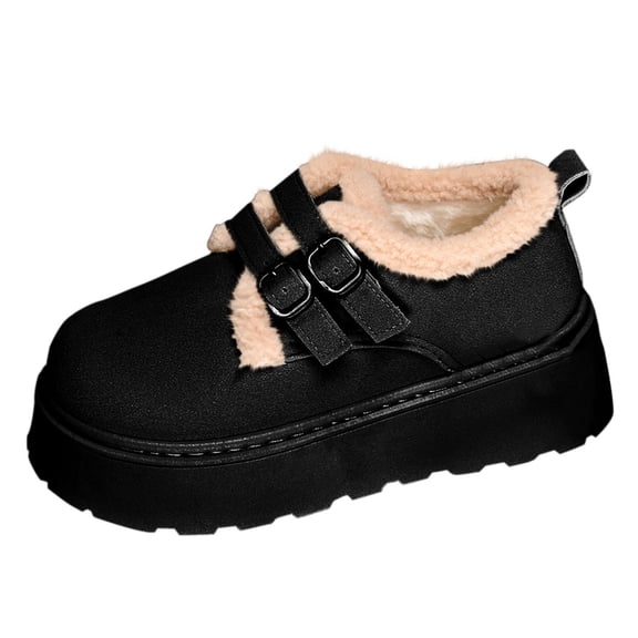 Xfvqtps Womens Winter Snow Boots Fashion Classic Trendy Ankle Boots Warm Thick Sole Double Buckle Velvet Plush Lined Comfortable Stable Outdoor Shoes Black