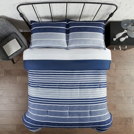 Serta Simply Clean Conrad Blue Variegated Stripe Antimicrobial Comforter Set, King (3-Piece)