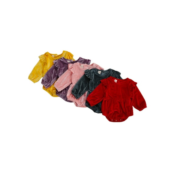 Qiylii Baby Girl's Solid Color Velvet Romper Long Sleeve Round Neck Bodysuit