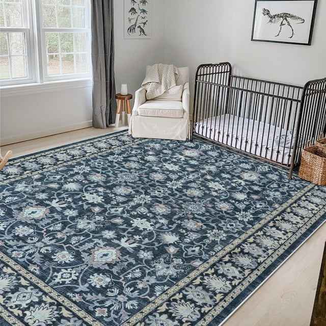 LIVEBOX Washable Area Rug 8x10 - Large Blue Boho Living Room Rug Vintage Rugs for Bedroom, Non-Slip Retro Floral Carpet Print Distressed Accent Rugs for Dining Room Home Office