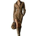 thumbnail image 2 of Women's Fashion Retro Shirt Dress Single-Breasted Lapel Long Sleeve Mid-Length Belt Pocket Solid Color for Winter Style and Office Wear,Camel,S, 2 of 5