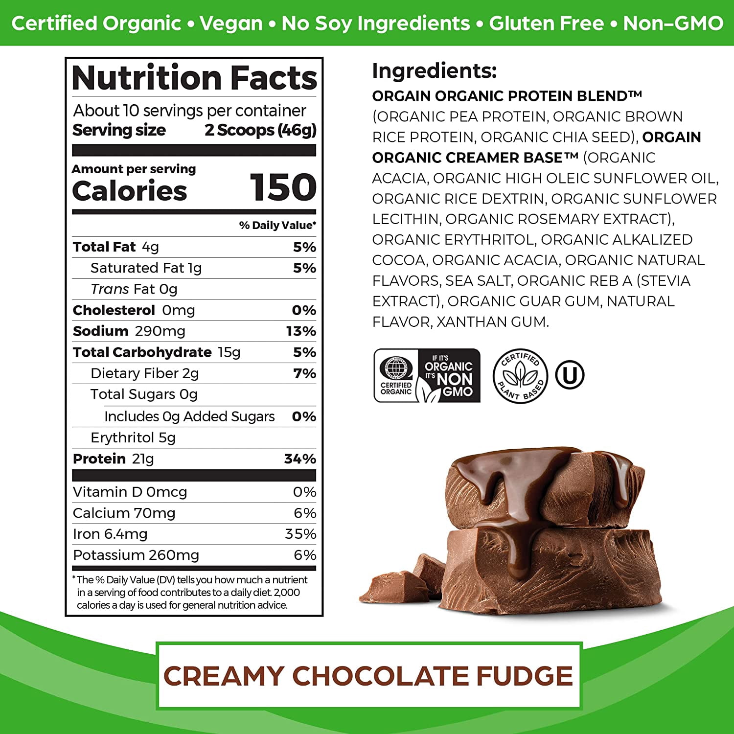 (6 pack) Orgain Organic Vegan 21g Protein Powder, Plant Based Shake Drink, Creamy Chocolate Fudge 1.02lb