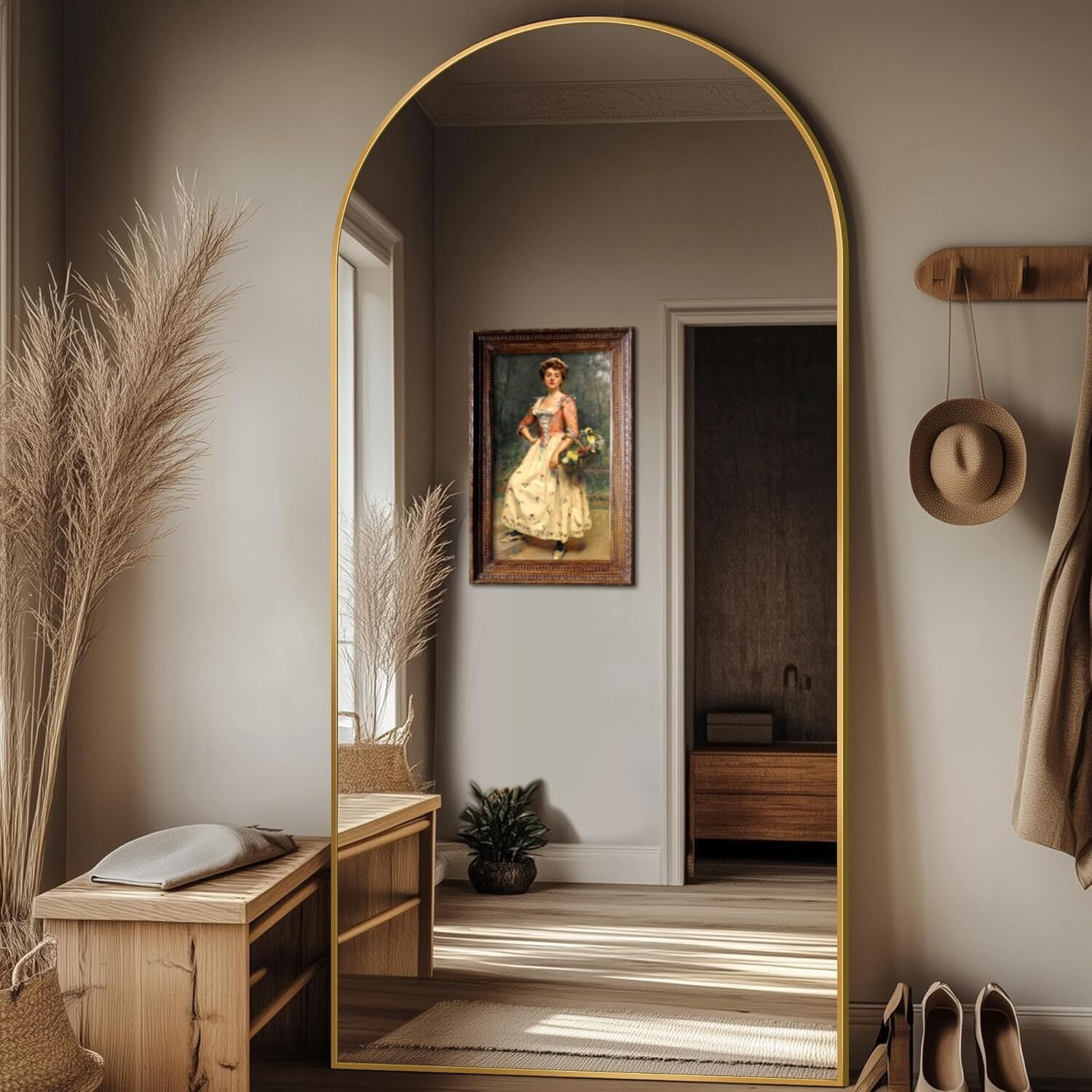 Anyrose 76"x 34" Arched Full Length Mirror Floor Mirror with Stand Wall-Mounted,Gold