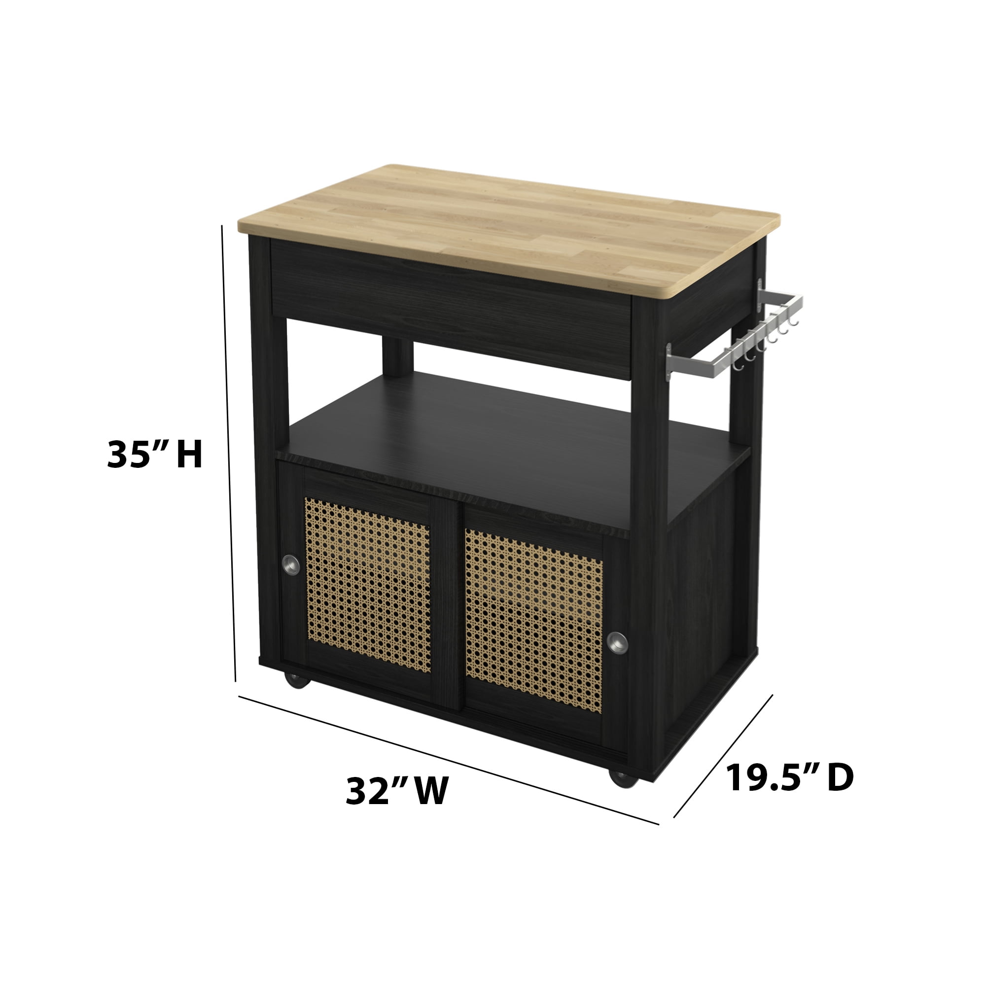 Twin Star Home Boho Kitchen Storage Cart with Sliding Doors, Black
