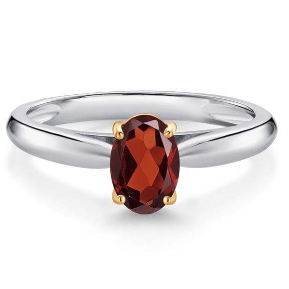 Gem Stone King 10K White and Yellow Gold Red Garnet Solitaire Engagement Ring for Women (0.87 Cttw, Oval 7X5MM, Gemstone January Birthstone, Size 7)