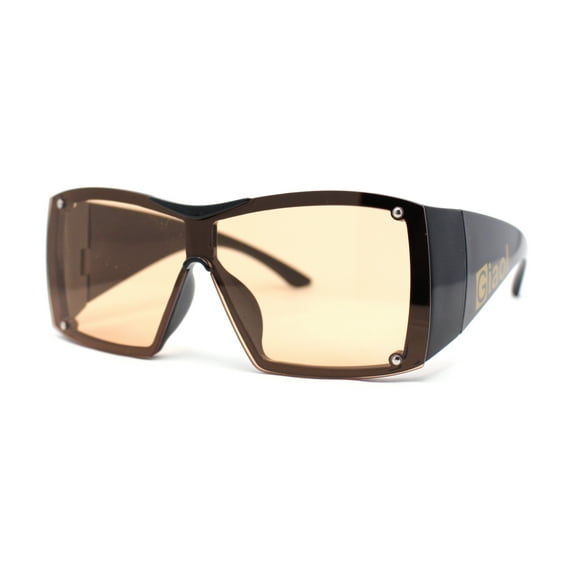 Showy Oversized Shield Super Thick Arm Rectangle Euro Style Sunglasses Black - Light Brown