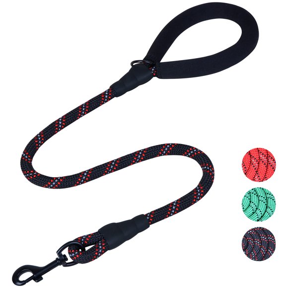 VIVAGLORY Laisse pour Chien Corde Rex Laisse pour Chien avec Poignée Rembourrée Douce pour la Marche et l'Entraînement, Corde Solide et Réfléchissante Robuste pour Animal de Compagnie, 1/2 Po x 4 Pieds (65-150 lbs.), Noir