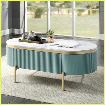 Glam Light Teal Living Room Coffee Table with White Faux Marble Top – Concealed Storage & Curved Reeded Panels