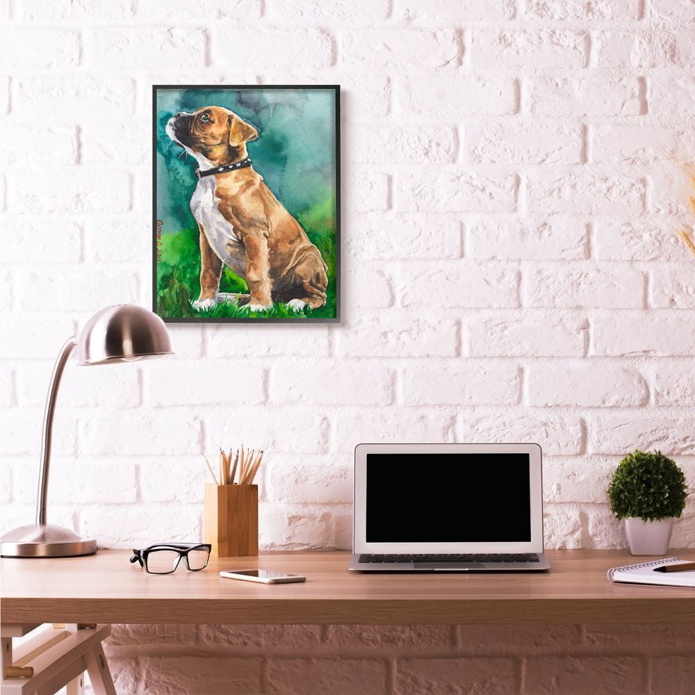 Stupell Industries Boxer Puppy Dog Pet Animal Watercolor Painting Framed Giclee Texturized Art by George Dyachenko