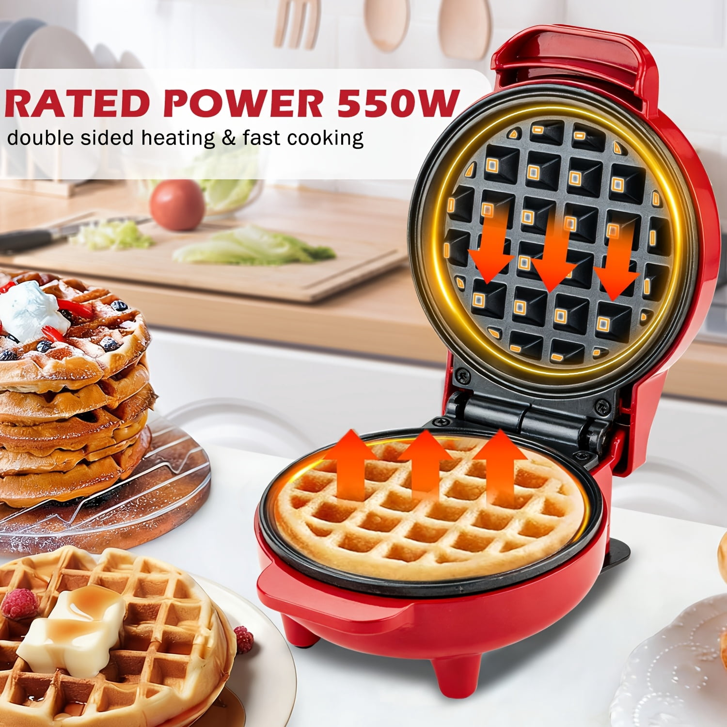 Mini Waffle Maker, 4.5" Non-Stick Griddle, 550W Fast Cooking Under 4 Mins, Perfect for Breakfast Brunch Lunch Snacks, Red
