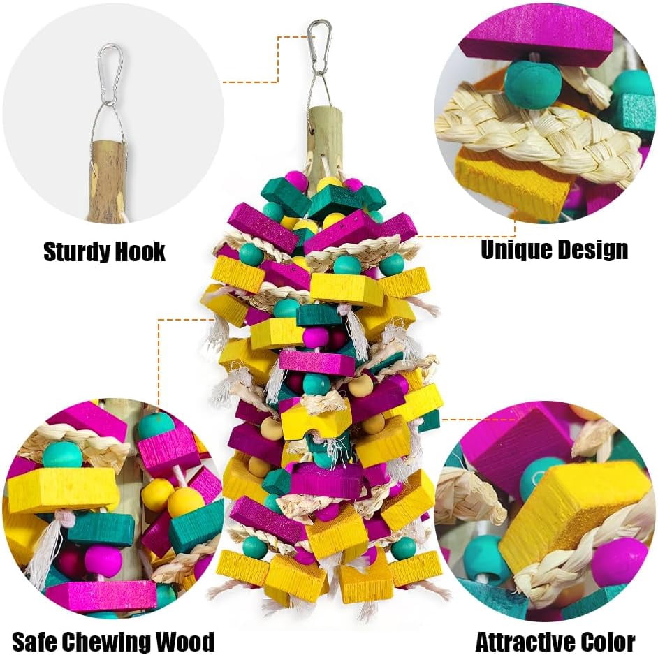 Bird Toys, Multi-Color Wooden Block with Bamboo Support Chewing Toy for Parrot Cage