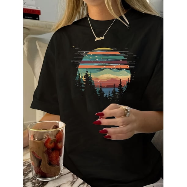 Playera Deportiva Manga Corta Mujer Dry-FitRound Neck Retro Casual Print T-shirt Top Women's ClothingFather's Day, Mother's Day, New Year, Spring Festival, Valentine's Day, Independence Day, birthda
