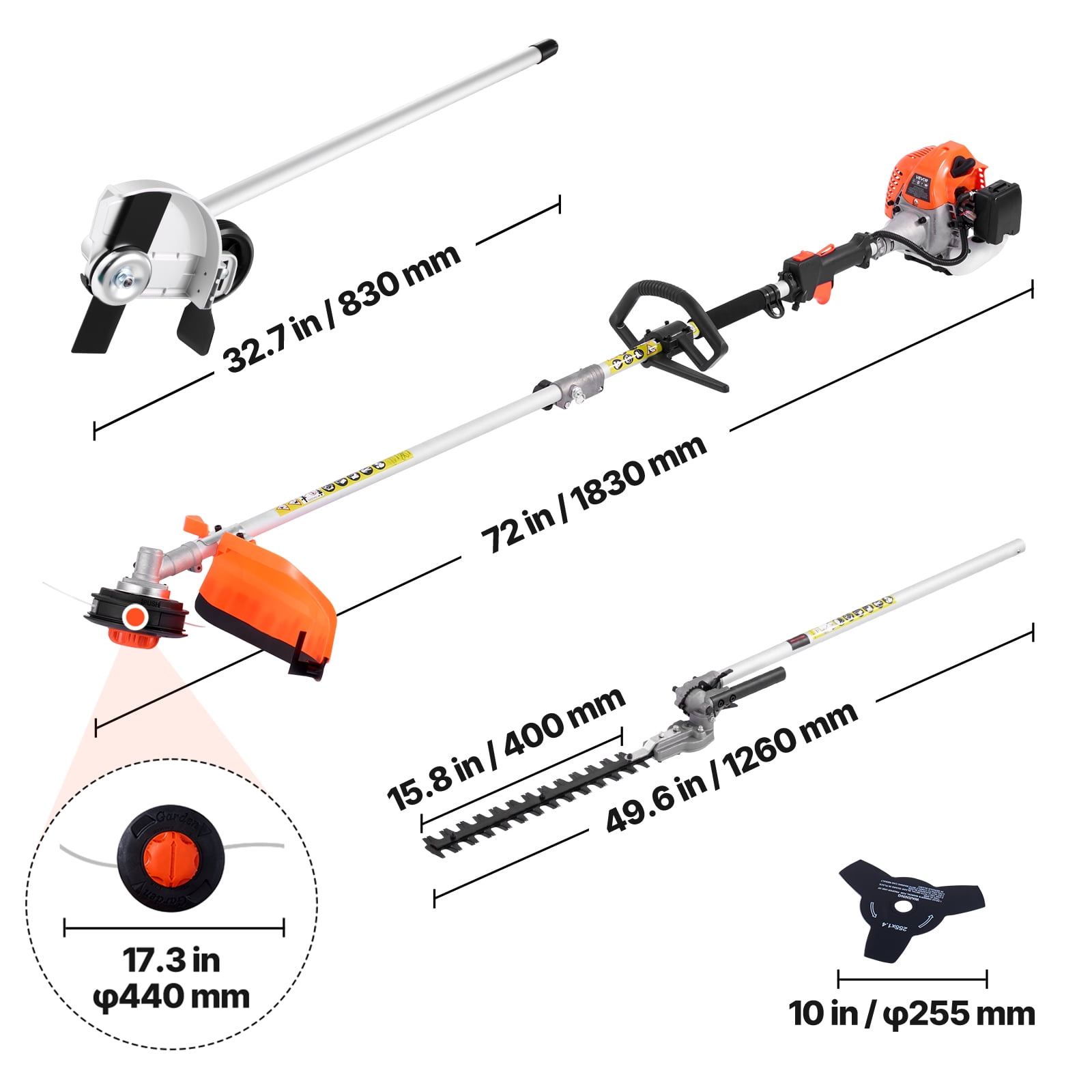 VEVOR Gas Hedge Trimmer,2 Cycle Gas Power Handheld Hedge Trimmer, 4-in-1 26cc Weed Eater with Protective Gear Set, Includes Hedge and String Trimmer, Edger, Brush Cutter, for Trimming Shrubs & Bushes