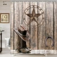 thumbnail image 2 of Western Shower Curtain, Western Texas Star Horseshoes Shower Curtain for Bathroom, Cowboy Hat Riding Boots Shower Curtains Rustic Wooden Board Farmhouse Barn Door Bathroom Curtain with Hooks (70X70), 2 of 5
