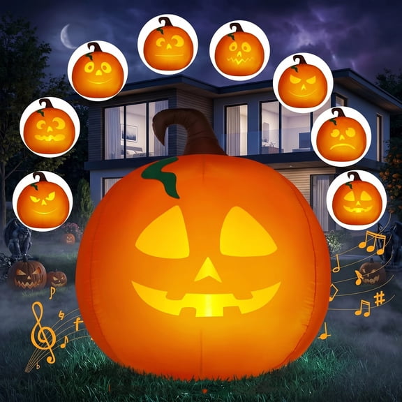 Joyfy 5 Ft Tall Halloween Inflatable Pumpkin,Blow Up Pumpkin with Projector Face and Music Lights,Outdoor Decorations for Yard,Garden,Lawn,Party