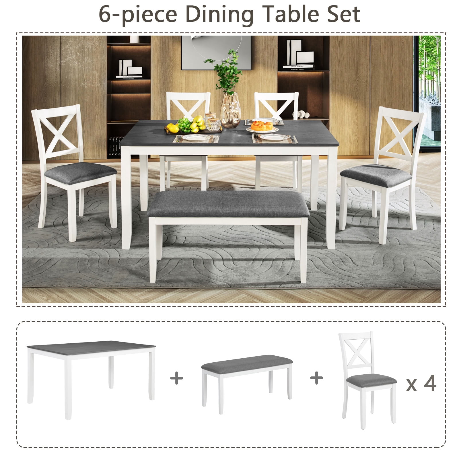 MAYEERTY 6-Piece Dining Table Set with Bench, Wood Dining Set for 6, Space-Saving for Kitchen Dining Room Apartment, Grey & White