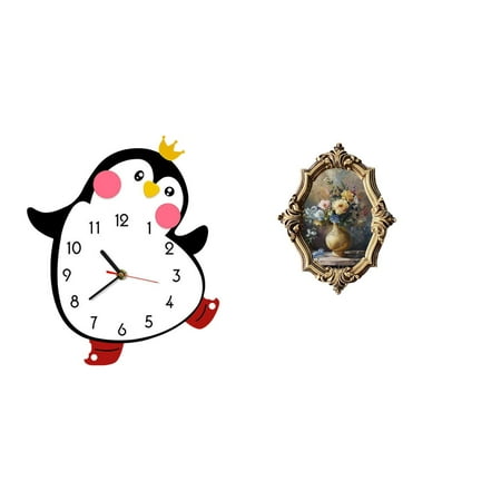 QSTDGVPW Cartoon Penguin Wooden Wall Clock Decorative Lovely Battery Powered Home Decoration for Bedroom Multifunctional Photo Frame Resin Picture Frame Vintage Design Art Crafts Collections