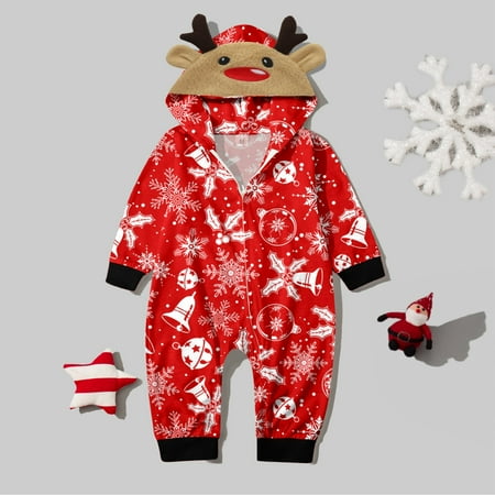 

Babys Merry Christmas Sets Red Prints Hooded Zipper Jumpsuit Family Outfit