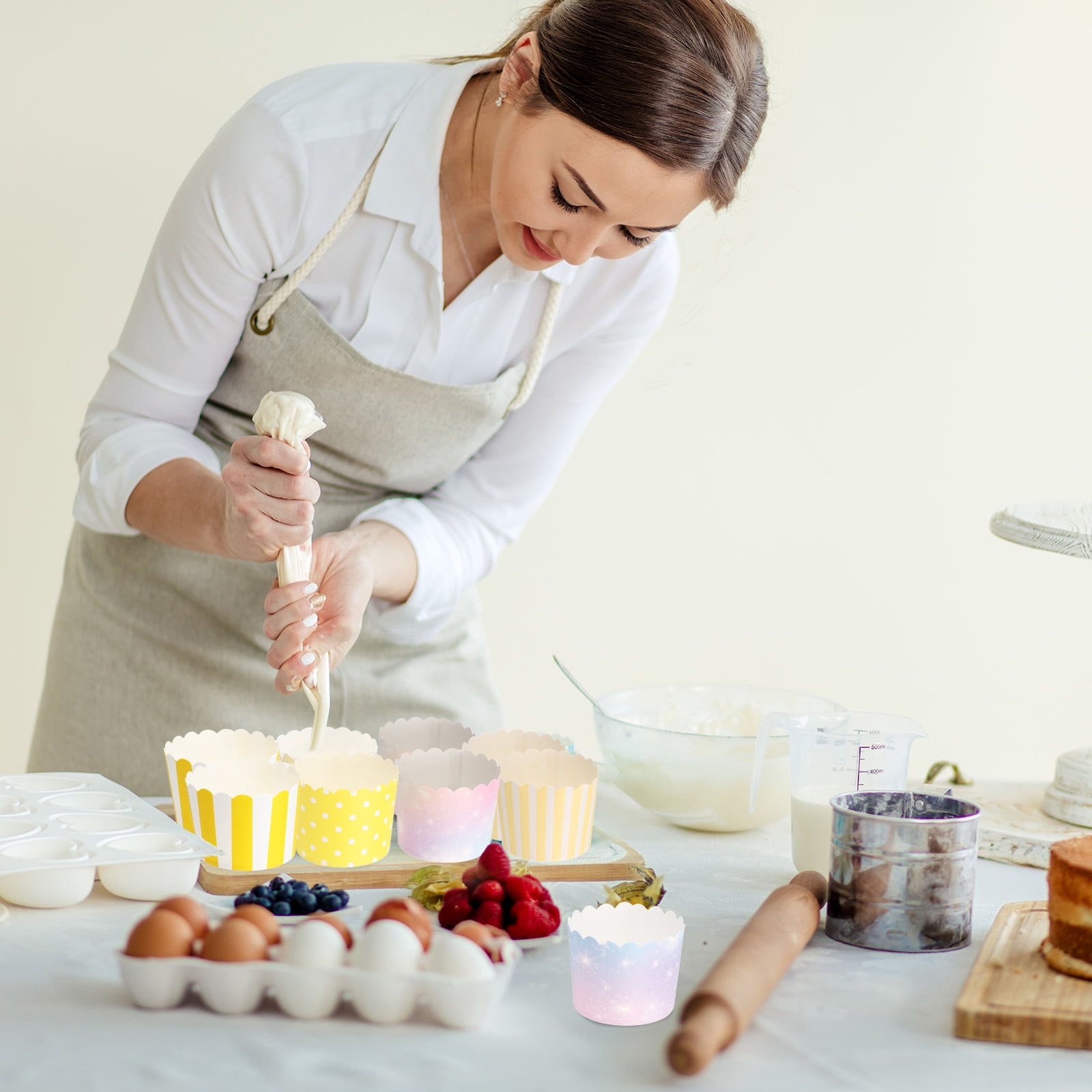 Unique Bargains Wrappers Wedding Birthday Baking Cups Liners Yellow White Stripe