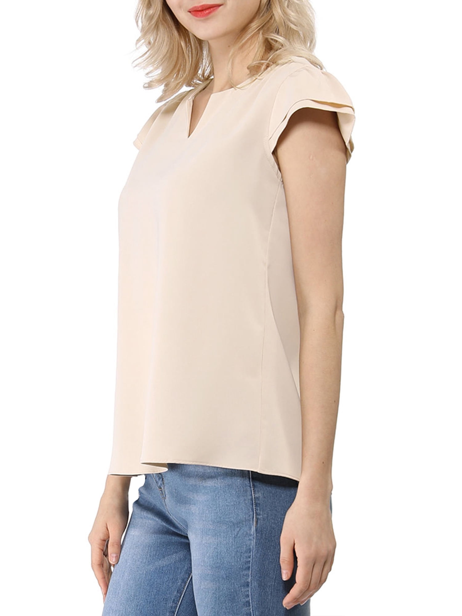DARING DIVA Women's V Neck Casual Solid Cap Blouse Top S Beige