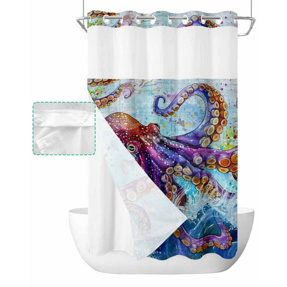 No Hook Shower Curtain with Snap in Liner, Watercolor Summer Ocean Octopus Blue Hotel Shower Curtains for Bathroom, Washable Shower Curtain Liner Set with Mesh Top Window, 54"x78"