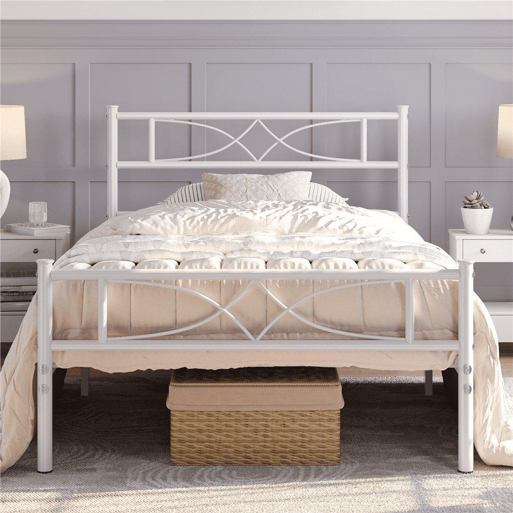 Renwick Twin Size Curved Design Metal Platform Bed for Adult, White