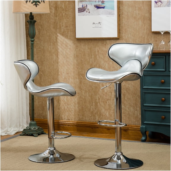 JERFIT Modern Adjustable Swivel Bar Stools Set of 2, Faux Leather Counter Height Stools with Chrome Base and Footrest, Silver