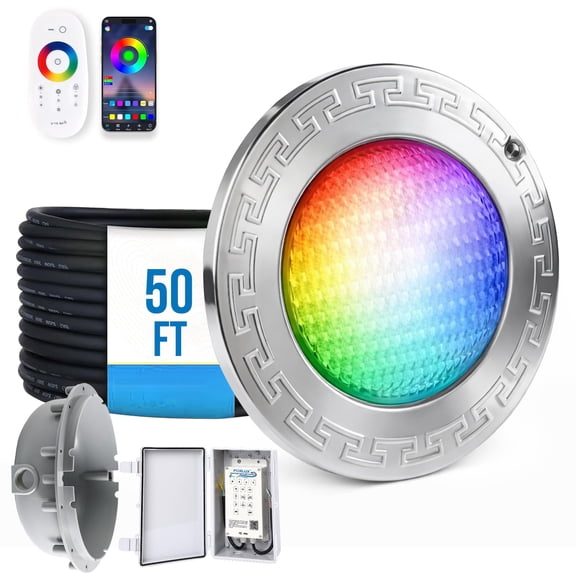 Foxlux Pool Lights for Inground Pools, 10-Inch RGB LED Color-Changing Underwater Light, 50W, AC 120V, 50ft Cable with Controller, Remote & APP Control, IP68 Waterproof, Pool Niche Included.