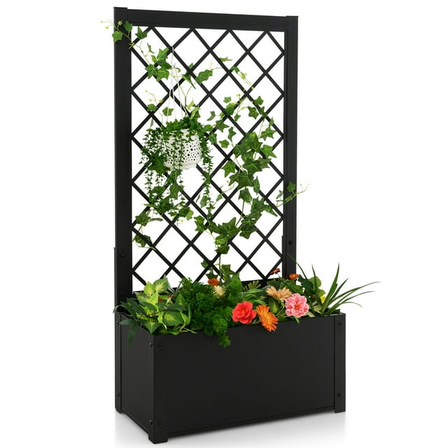 Patiojoy 44" Metal Planter Box with Trellis Raised Garden Bed with Trellis, Elevated Lattice Planter for Climbing Plants