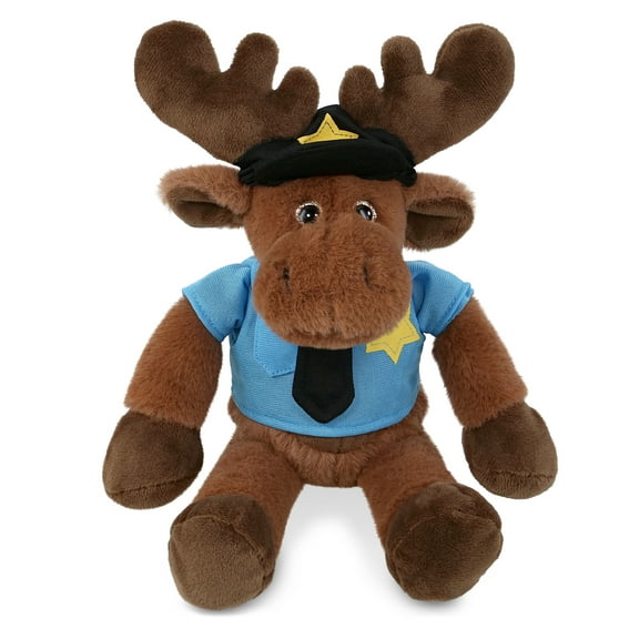 DolliBu Long Leg Moose Police Officer Plush Toy – Super Soft Moose Cop Stuffed Animal Dress Up Cop Uniform and Cap Outfit, Fluffy Moose Policeman Toy Plush Gift for Kids – 9 Inches