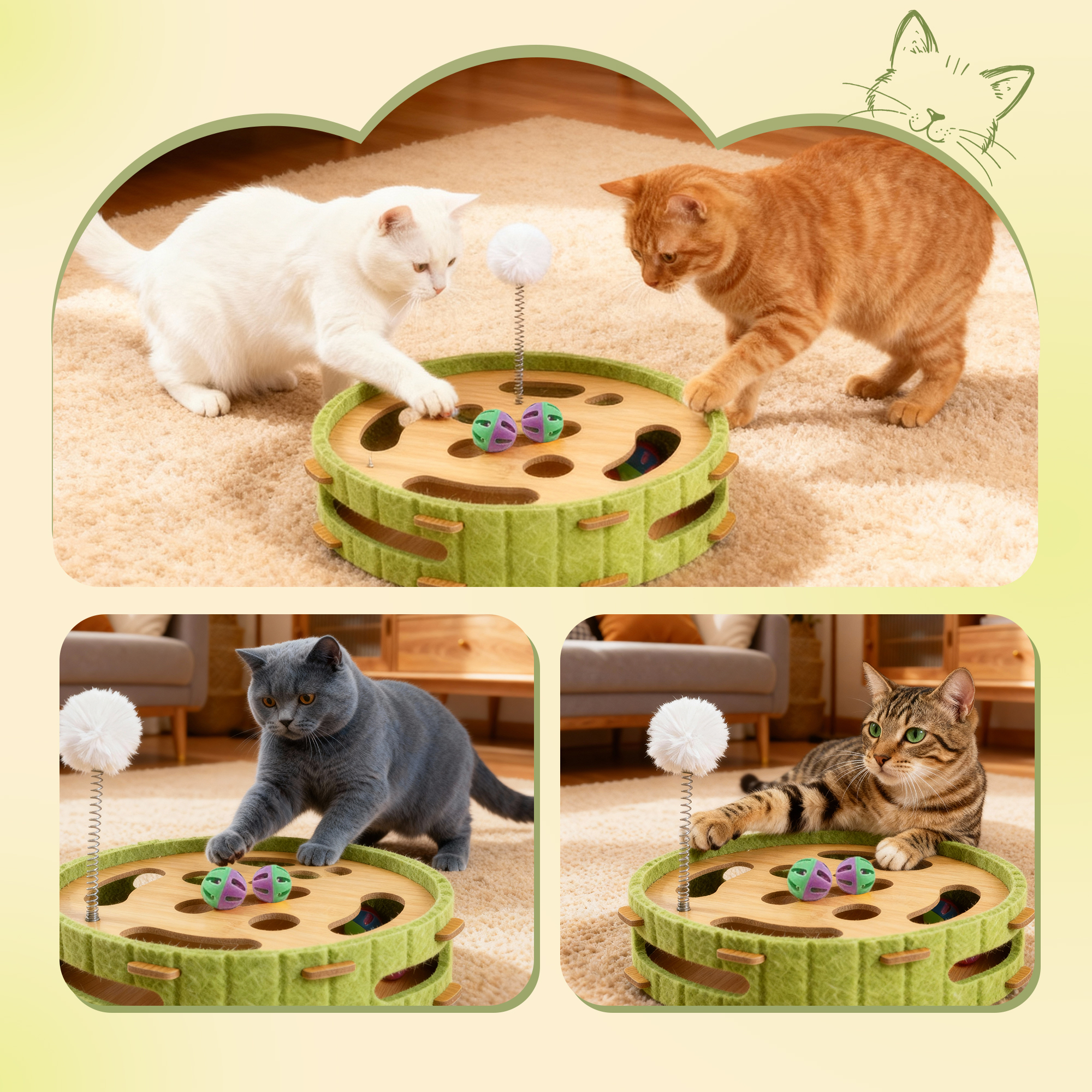 Unique Bargains Interactive Cat Toy Puzzle Toys for Indoor Felt Maze Box Cat Toys Mental Stimulation and Entertainment Circle Green 1 Set