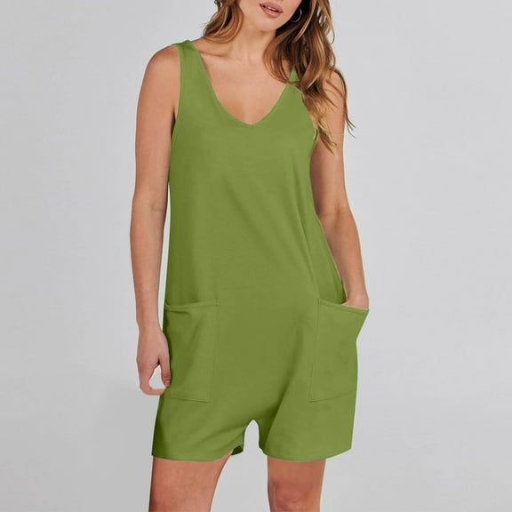 Xixinqiwan Women's Summer Casual Rompers Plus Size Sleeveless V Neck Onesie Loose Wide Leg Shorts Jumpsuit