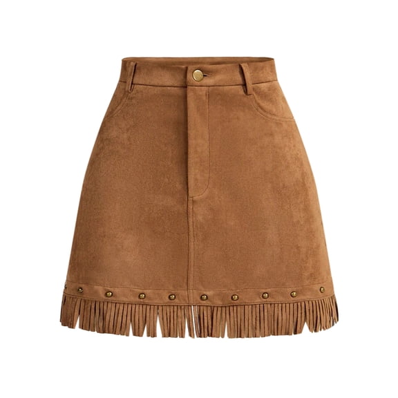 Perfectbot Women's Faux Suede Fringe Mini Skirts Western Cowgirl Country Concert Festival Rivet Skirts