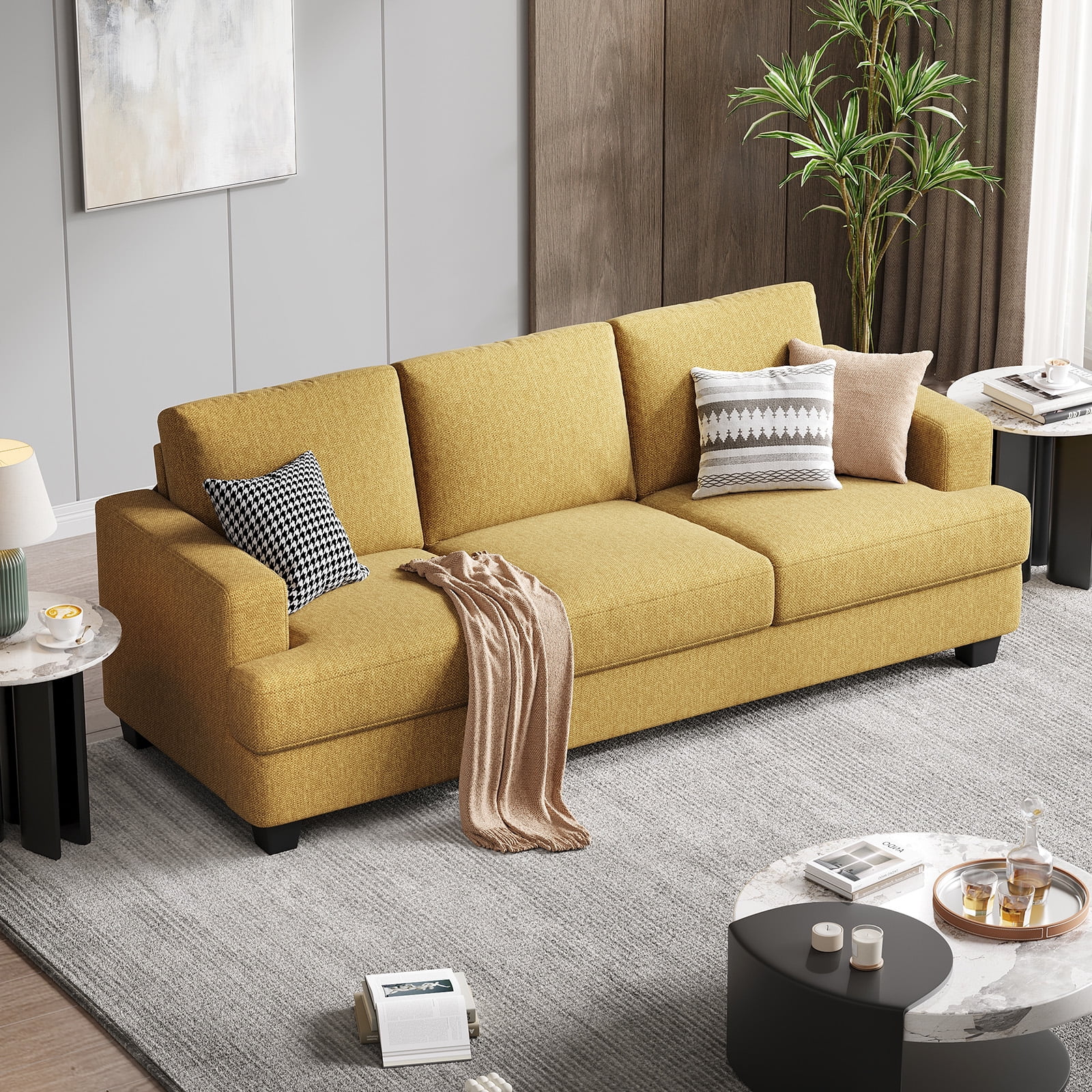 BLAZANT 3 Seater Sofa Oversize, 89" Extra Large Size Sofa Couch with Extra Deep Seats, Modern Loveseat Sofa, Comfortable Fabric, Easy to Install, for Living Room Apartment Lounge, Yellow